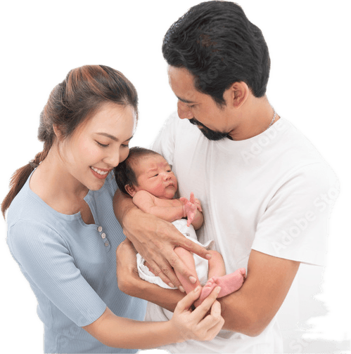 A couple holds their newborn baby in a moment of quiet joy